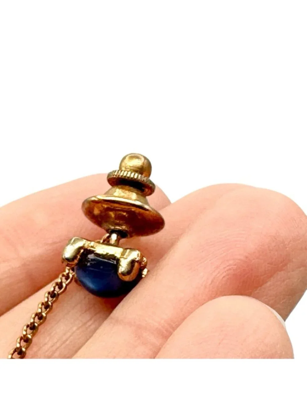 Vintage Blue Moonstone Cufflinks and Tie Tack Set 1960s Gold Tone Acrylic Stone